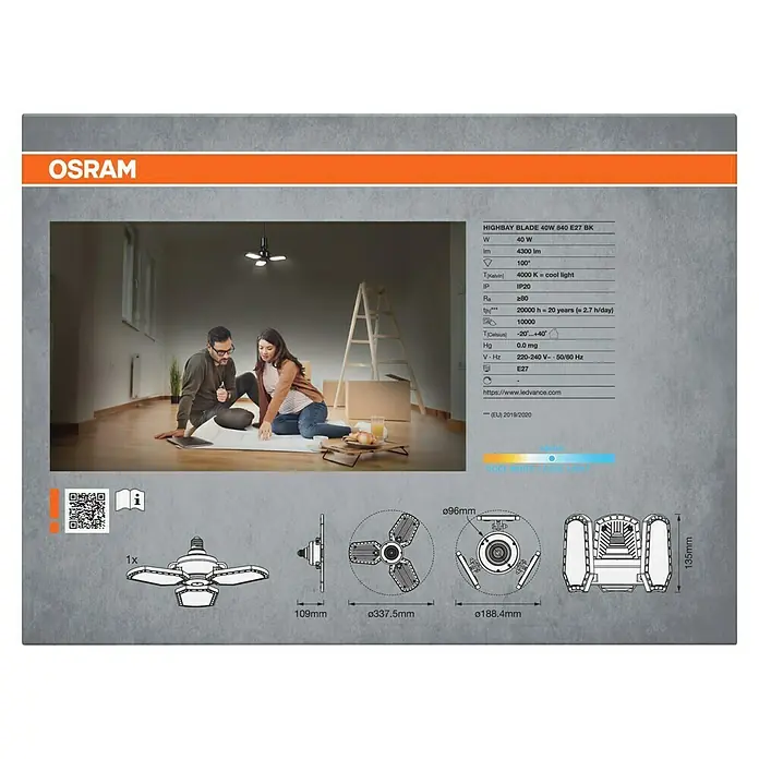 Osram Deckenleuchte Highbay E27 Blade - 40 W, L x B x H: 33,7 x 33,7 x 10,9 cm, Schwarz, E27 - OSRAM HIGHBAY BLADE 40W 840 E27 BK: LED-Lampe für hohe Räume, 40W, 4300 Lumen, 4000K Lichtfarbe, lange Lebensdauer & energiesparend.