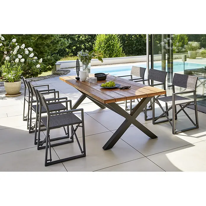 Sunfun Gartenmöbel-Set Maja - 7 -tlg., Robinie/Textilen/Aluminium, Anthrazit, Gartenstuhl klappbar - Einladender Essbereich im Freien mit Holztisch und grauen Stühlen, perfekt für Mahlzeiten im Garten.