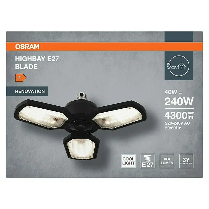 Osram Deckenleuchte Highbay E27 Blade - 40 W, L x B x H: 33,7 x 33,7 x 10,9 cm, Schwarz, E27 - Osram Highbay E27 Blade Deckenleuchte mit drei Flügeln, ideal für die Innenbeleuchtung und Renovierung, bietet 4300 Lumen und 3 Jahre Garantie.