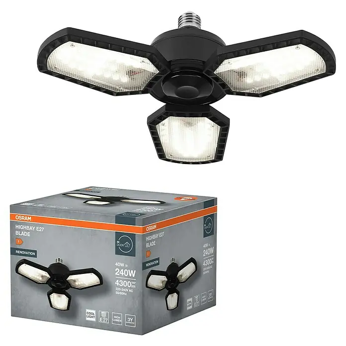 Osram Deckenleuchte Highbay E27 Blade - 40 W, L x B x H: 33,7 x 33,7 x 10,9 cm, Schwarz, E27 - Produktansicht der OSRAM HIGHBAY E27 BLADE LED-Lampe, ideal für Renovierungen, mit 40W Leistung und 4300 Lumen Helligkeit.