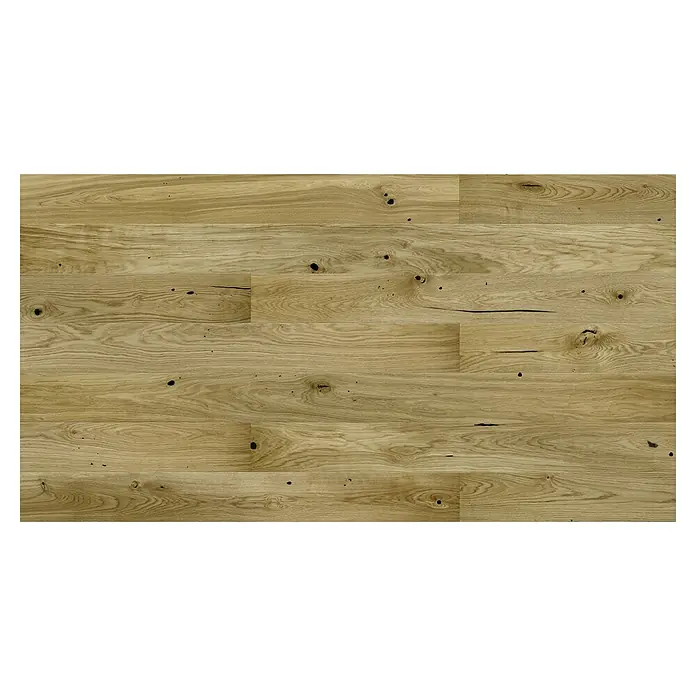 Parkett Eiche Country - L x B x S: 2.200 x 180 x 14 mm, 1-Stab - Ansicht von rohen, hellen Holzpaneelen mit natürlichen Astlöchern und Maserungen, ideal für rustikale Innenräume.