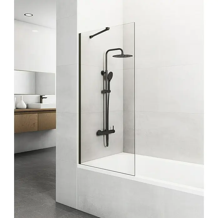 GME Mampara para bañera Screen - An x Al: 85 x 150 cm, Vidrio transparente, Titanio - Mampara de ducha de vidrio transparente con grifería negra mate. Diseño minimalista de baño con accesorios modernos y elegancia para la ducha.