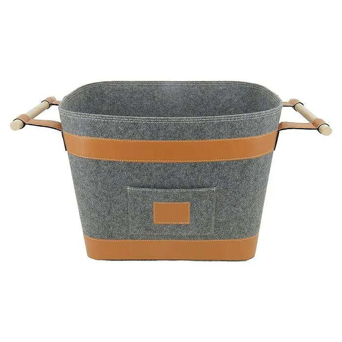Valo Filzkorb Runa - 55 x 40 x 36 mm, Grau - Grauer Filzkorb mit Lederdetails und Holzgriffen, ideal zur Aufbewahrung von Kaminholz oder Spielzeug. Praktisch und dekorativ!