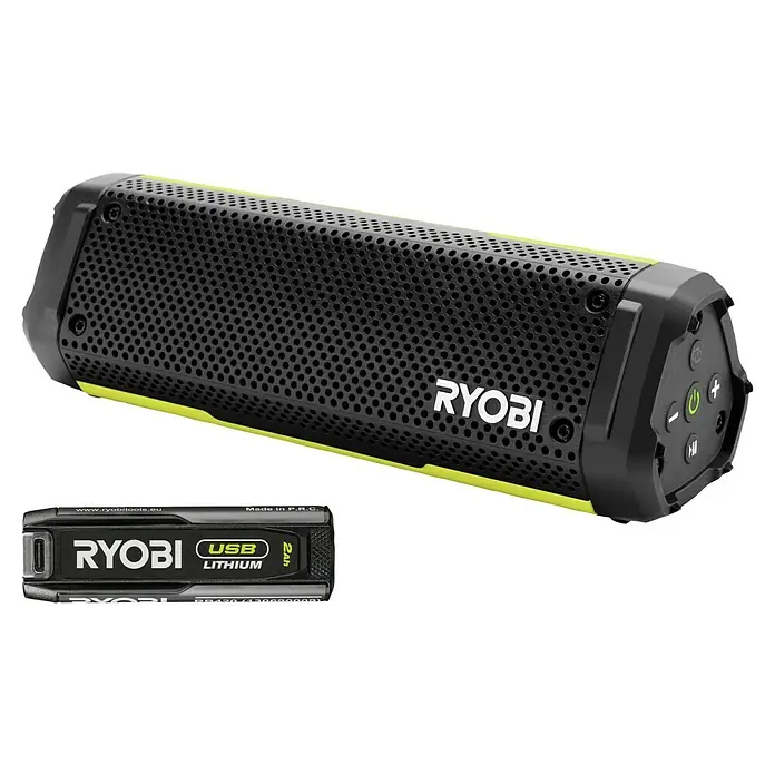 Ryobi 4V USB Bluetooth-Lautsprecher - 4 V, 1 Akku - RYOBI Akku-Lautsprecher mit USB-Lithium-Akku, ideal für Baustellen oder den Garten. Robustes Design mit klarem Klang für Musik und Podcasts.