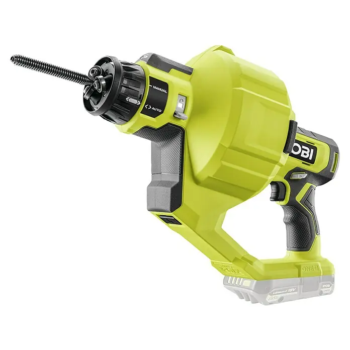 Ryobi ONE+ Akku-Rohrreinigungsgerät RDA18-0 - Ohne Akku - Akku-betriebene Rohreinigungsmaschine von Ryobi, ein praktisches Werkzeug zum Beseitigen von Verstopfungen in Rohren.