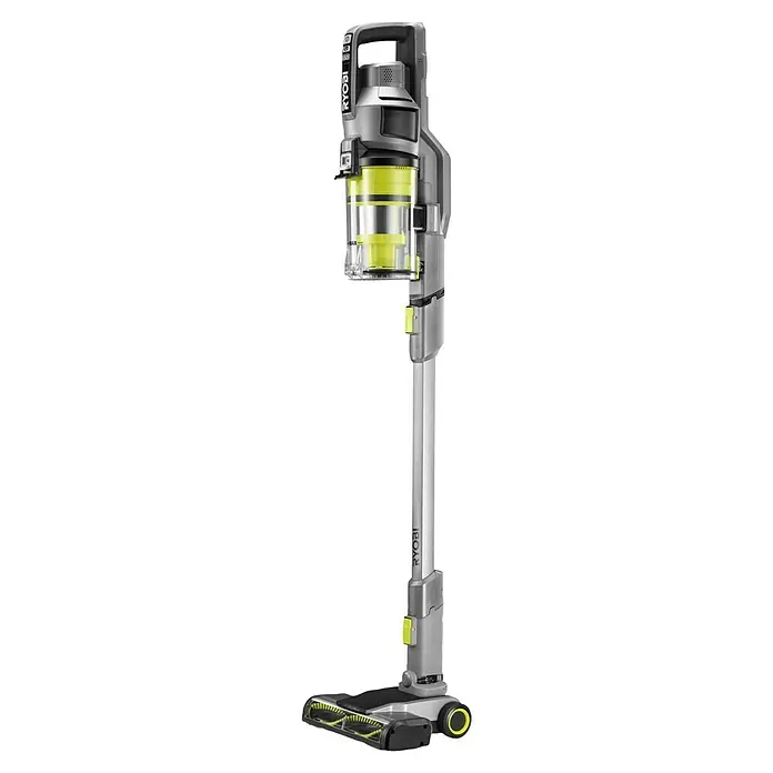 Ryobi ONE+ Akku-Handstaubsauger RSVS18-0 - 18 V, Ohne Akku - Das Bild zeigt einen Akku-Staubsauger der Marke Ryobi. Der Staubsauger ist grau und hat gelbe Akzente. Es ist ein Akku-Staubsauger mit Bodendüse.