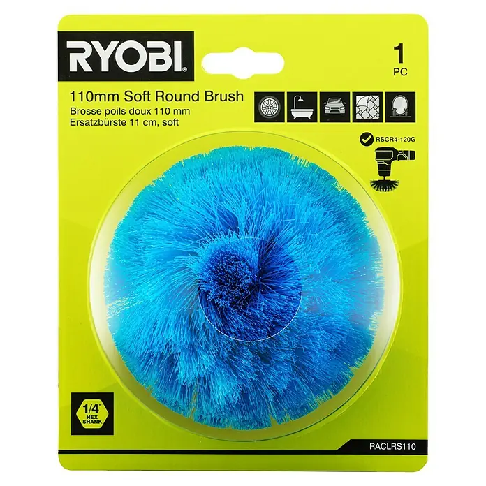 Ryobi Ersatzbürstenkopf RACLRS110 - Weich, Passend für: Ryobi Akku-Reinigungsbürste RSCR4 - RYOBI 110mm weiche Rundbürste. Ideal für sanfte Reinigungsarbeiten. Mit 1/4" Sechskantschaft für Bohrmaschinen und Schrauber.