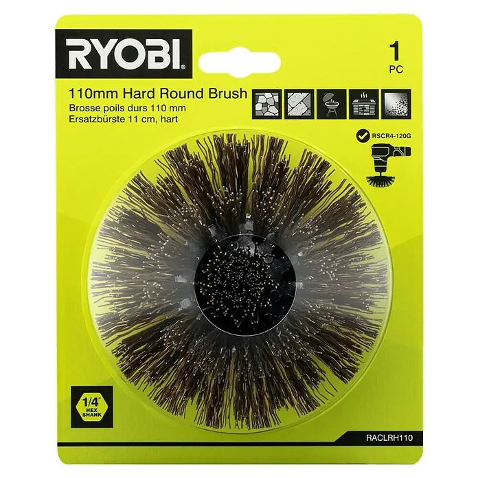 Ryobi Ersatzbürstenkopf RACLRH110 - Hart, Passend für: Ryobi Akku-Reinigungsbürste RSCR4 - Abgebildet ist eine Ryobi 110mm Hartdraht-Rundbürste, ideal zum Reinigen von Stein, Grillrosten und anderen harten Oberflächen.