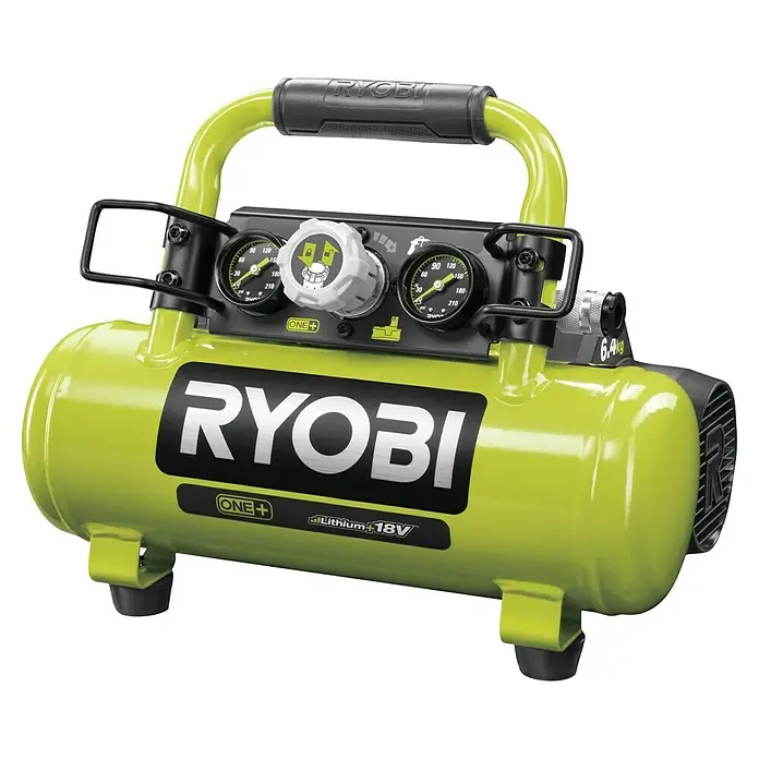 Ryobi ONE+ Akku-Kompressor PRO - 18 V, 3,8 l, 8,3 bar, Ohne Akku - Nahaufnahme eines tragbaren Ryobi ONE+ Akku-Luftkompressors, ideal für verschiedene Anwendungen mit 18 V Lithium-Ionen-Akku.