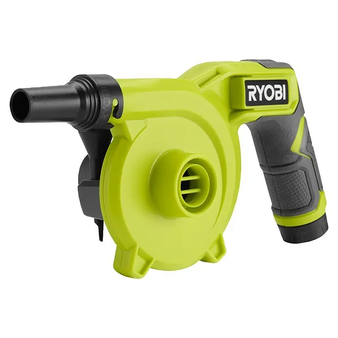 Ryobi 4V USB Akku-Gebläse RVI4-0 - 4 V, Ohne Akku, Luftmenge: 200 l/min - Abbildung eines Akku-Gebläses von RYOBI, ideal zum Reinigen von Werkstätten und Baustellen. Es ist leicht und einfach zu bedienen mit ergonomischem Griff.