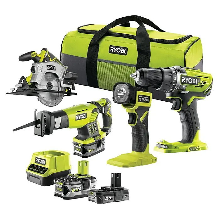Ryobi ONE+ Maschinen-Set RCK184-252S - 18 V, 2 Akkus, 2 Ah - 5 Ah, 8 -tlg. - Ryobi Werkzeugset mit Bohrmaschine, Säbelsäge, Kreissäge, Lampe, Akkus, Ladegerät und Werkzeugtasche für Heimwerker und Profis.
