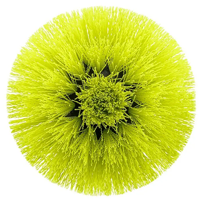 Ryobi Ersatzbürstenkopf RACLRM110 - Standard, Passend für: Ryobi Akku-Reinigungsbürste RSCR4 - Nahaufnahme einer runden, gelben Bürste mit feinen Borsten auf schwarzem Hintergrund. Perfekt für detaillierte Reinigungsarbeiten.