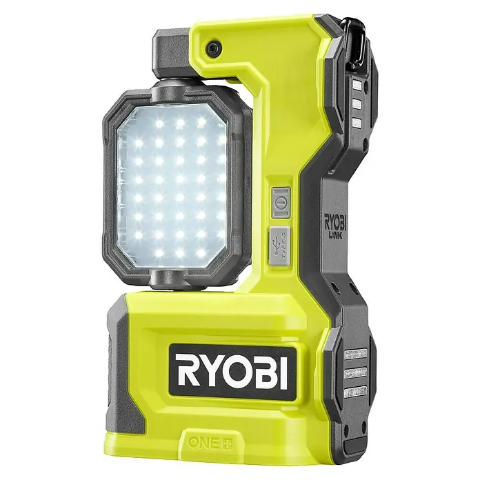 Ryobi ONE+ LED-Arbeitsleuchte RMTL18-0 - 1.500 lm, Ohne Akku - Das Bild zeigt eine akkubetriebene RYOBI Arbeitsleuchte, ideal für Baustellen und Werkstätten, mit LED-Panel und USB-C Anschluss.