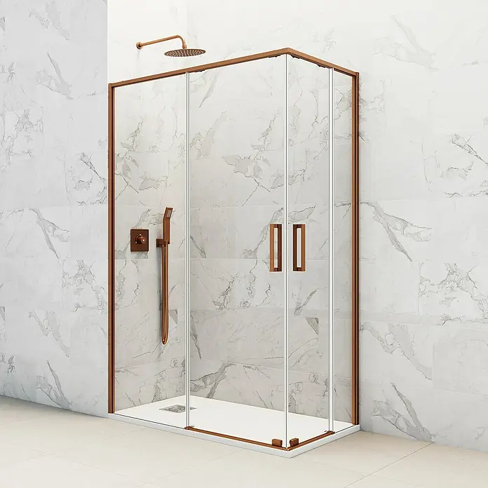 GME Mampara de ducha esquinera Twenty - L x An x Al: 75 x 80 x 195 cm, Vidrio transparente, Cobre - Una moderna mampara de ducha con marco de cobre y paneles de vidrio transparente, que muestra un diseño de baño elegante.