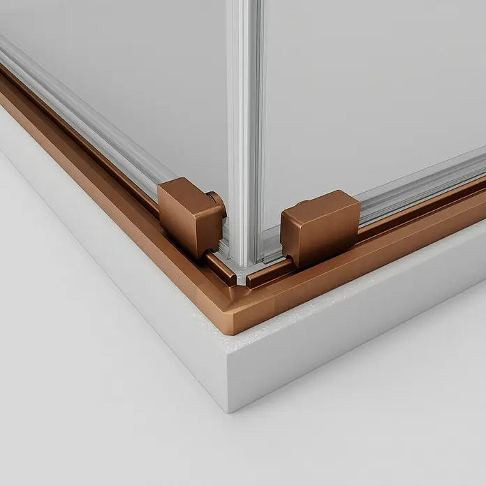 GME Mampara de ducha esquinera Twenty - L x An x Al: 75 x 80 x 195 cm, Vidrio transparente, Cobre - Detalle de una cabina de ducha con detalles en bronce, destacando el diseño elegante.