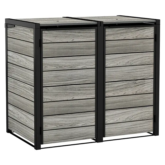 Keter Mülltonnenbox - Kunststoff, Stormgrey - Doppelter Mülltonnenbox mit stilvoller Holzverkleidung und robustem, schwarzem Rahmen, ideal für die diskrete Mülltonnenlagerung im Außenbereich.