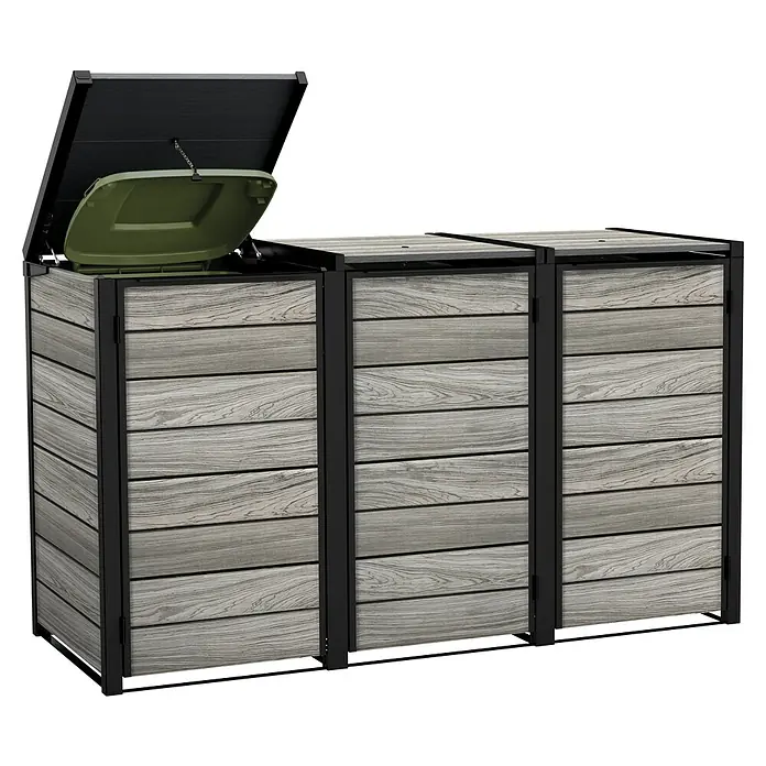 Keter Mülltonnenbox - Kunststoff, Stormgrey - Diese Aufnahme zeigt eine graue, dreifache Mülltonnenbox mit einem Deckel. Perfekt zur stilvollen Aufbewahrung im Außenbereich.