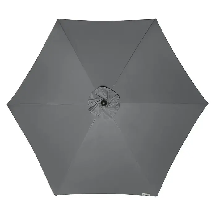 Doppler Active Marktschirm rund Auto Tilt - Anthrazit, Durchmesser Bespannung: 280 cm - Nahaufnahme eines grauen, sechseckigen Sonnenschirms mit einem gewölbten Verschluss in der Mitte auf einem schwarzen Hintergrund.