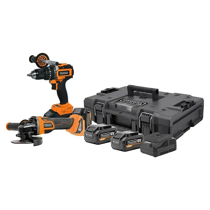Toolson PRO Set taladro percutor de batería y amoladora - 18 V, 2 baterías, 4 Ah, 6 pzs. - Un conjunto de herramientas Toolson con taladro inalámbrico, amoladora angular, baterías y caja de herramientas, ideal para cualquier manitas.