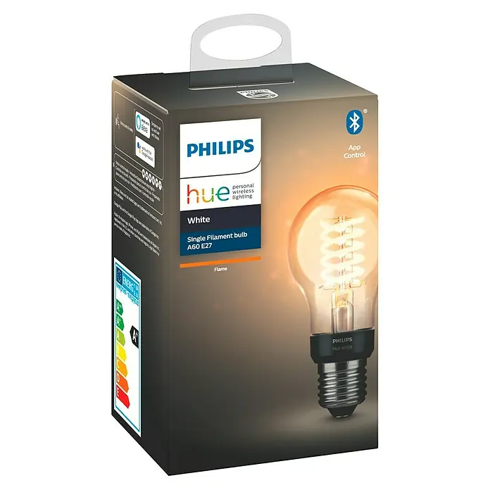 Philips Hue Bombilla LED inteligente Filamento blanco - E27, Intensidad regulable, Blanco cálido, 550 lm, 7 W, Denominación de la lámpara: A60 - Embalaje de una bombilla Philips Hue White Single Filament A60 E27 Flame, que ofrece iluminación inalámbrica inteligente controlada a través de una aplicación.