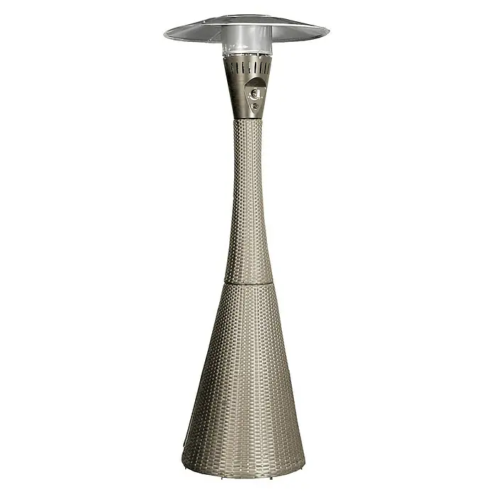 Estufa de exterior Lund - 12 kW, Altura: 225 cm - Elegante calentador de patio en ratán plateado con detalles de acero inoxidable, perfecto para calor al aire libre.