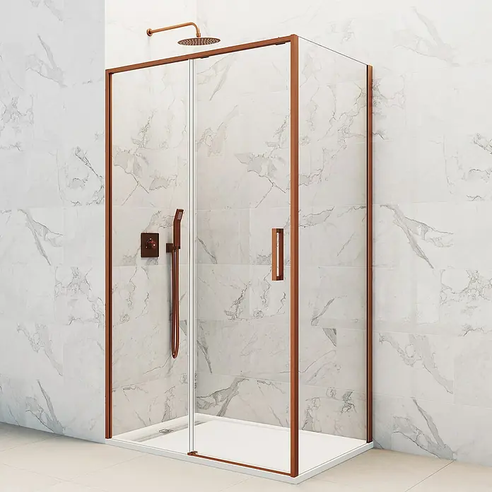 GME Mampara de ducha esquinera Twenty - L x An x Al: 70 x 115 x 195 cm, Vidrio transparente, Cobre - Cabina de ducha con marco de cobre y accesorios en un elegante baño.