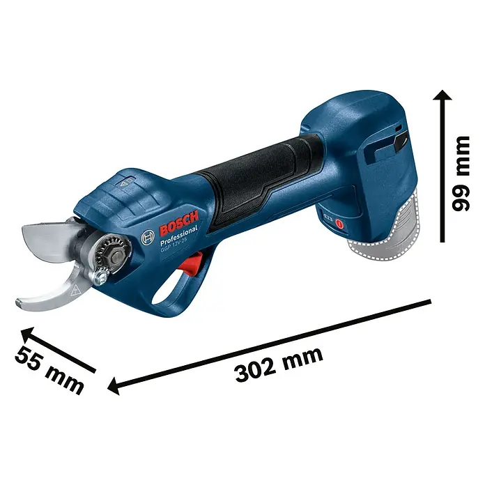 Bosch Professional Akku-Gartenschere GGP 12V-25 - 12 V, Li-Ionen, 2 Akkus, Max. Aststärke: 25 mm - Abbildung der Bosch Professional GGP 12V-25 Akku-Gartenschere mit Maßen, leicht und handlich für präzises Schneiden im Garten.
