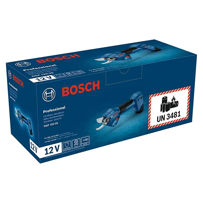 Bosch Professional Akku-Gartenschere GGP 12V-25 - 12 V, Li-Ionen, 2 Akkus, Max. Aststärke: 25 mm - Abbildung der Bosch Professional Akku-Gartenschere GGP 12V-25 in der Verpackung, ideal für professionelle Gartenarbeiten.
