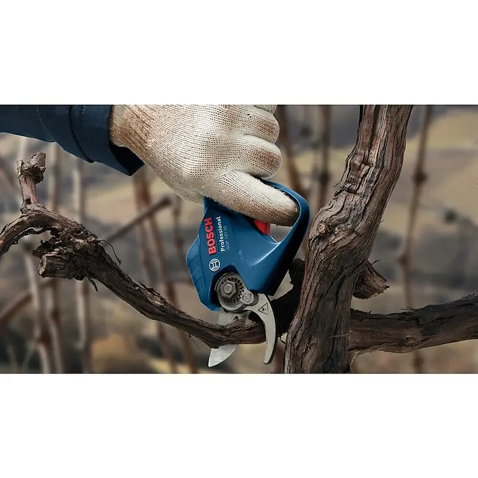 Bosch Professional Akku-Gartenschere GGP 12V-25 - 12 V, Li-Ionen, 2 Akkus, Max. Aststärke: 25 mm - Nahaufnahme einer Bosch GGP 12V-25 Akku-Gartenschere beim Beschneiden eines trockenen Zweigs im Garten. Die Schere liegt sicher in einer behandschuhten Hand.