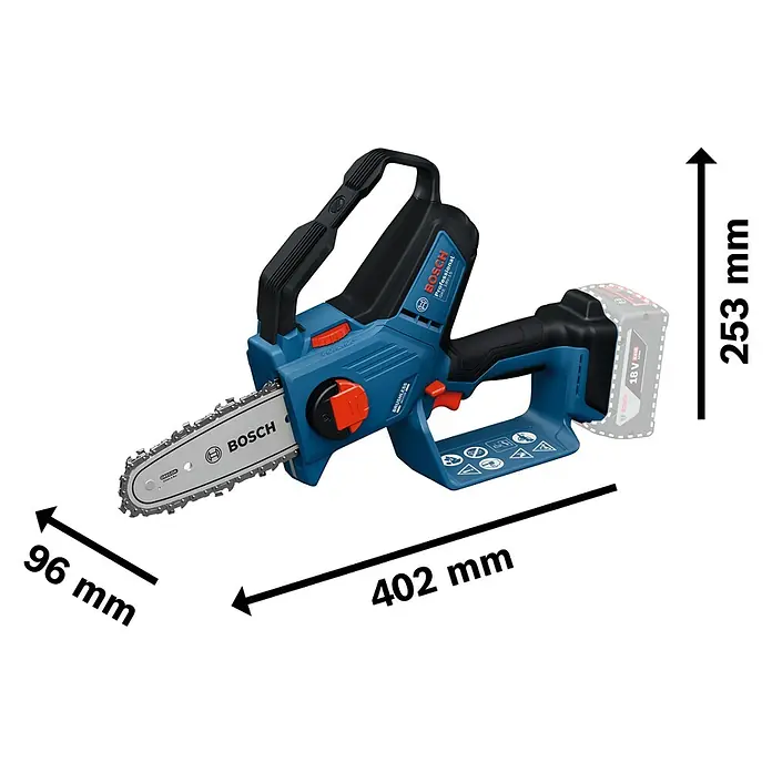 Bosch Professional AMPShare 18V Akku-Astsäge GKE 18V-15 - 18 V, Ohne Akku, Schwertlänge: 15 cm - Abbildung einer Bosch Akku-Kettensäge mit Maßangaben.