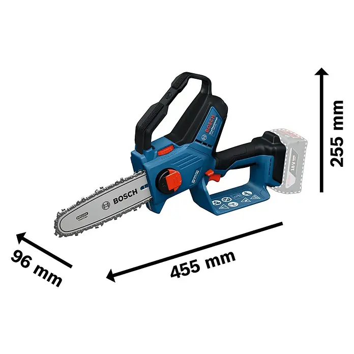 Bosch Professional AMPShare 18V Akku-Astsäge GKE 18V-20 - 18 V, Ohne Akku, Schwertlänge: 20 cm - Das Bild zeigt eine Bosch Akku-Kettensäge mit Maßen von 96 mm x 455 mm x 255 mm.