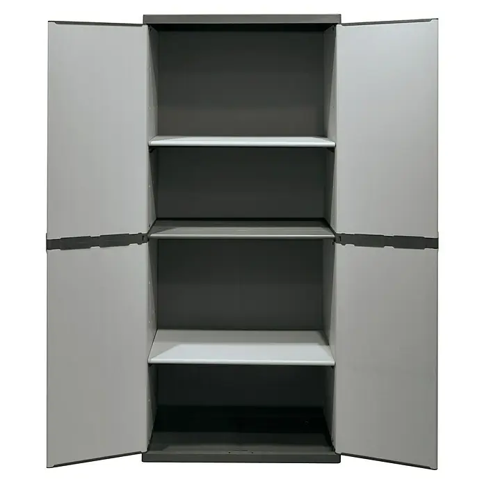 Kunststoff-Mehrzweckschrank - L x B x H: 39,5 x 68 x 168 cm - Grauer Kunststoffschrank mit offenen Türen und drei Einlegeböden.
