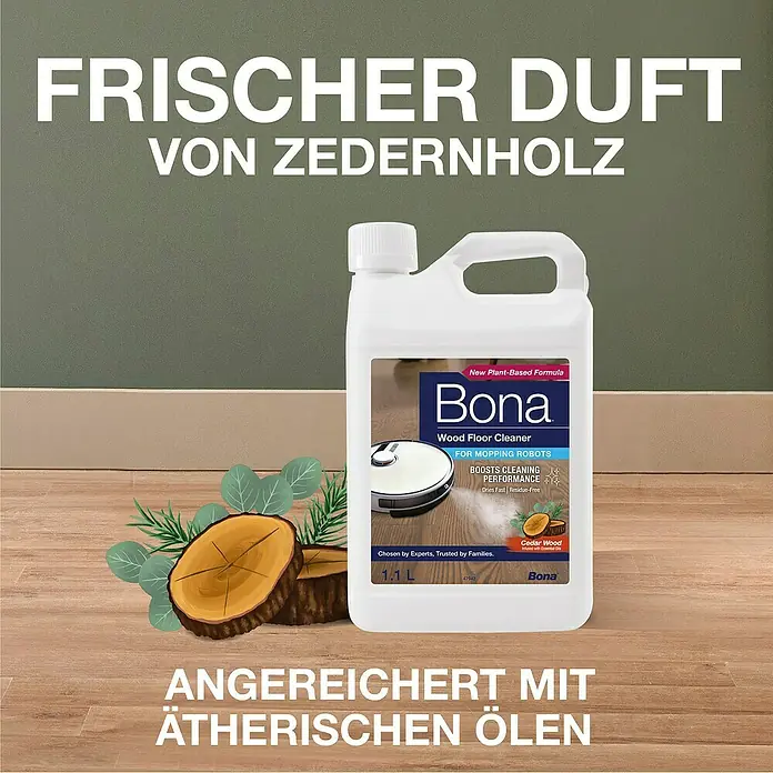 Bona Reinigungsmittel Holzbodenreiniger für Wischroboter - 1,1 l, Kanister - Abbildung einer Flasche Bona Holzreiniger mit Zedernholzduft, geeignet für Reinigungsroboter, für eine verbesserte Reinigungsleistung.