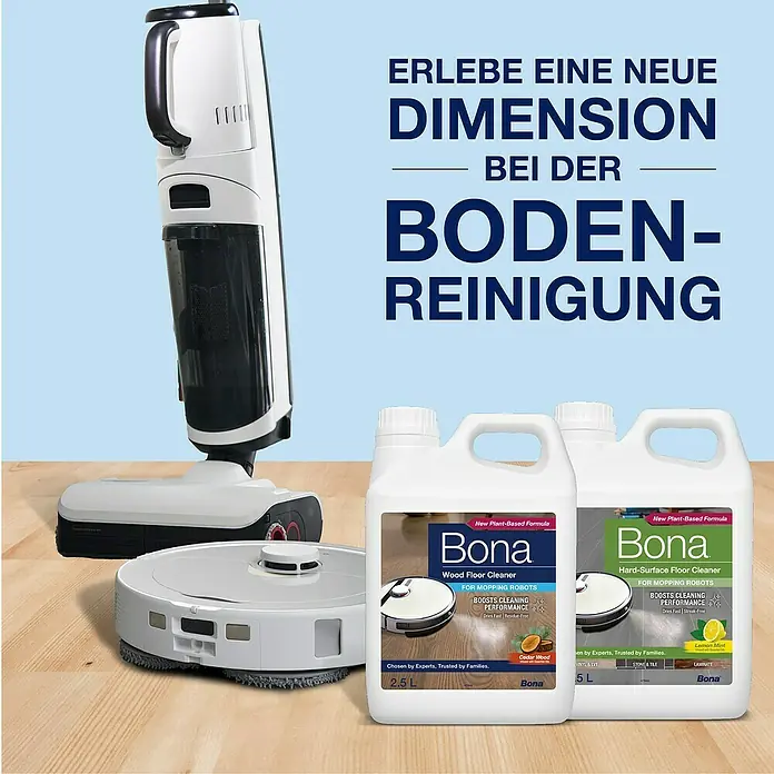 Bona Reinigungsmittel Holzbodenreiniger für Wischroboter - 2,5 l, Kanister - Produktbild mit Bona Bodenreinigern für eine neue Dimension der Bodenreinigung mit Mopping Robotern.