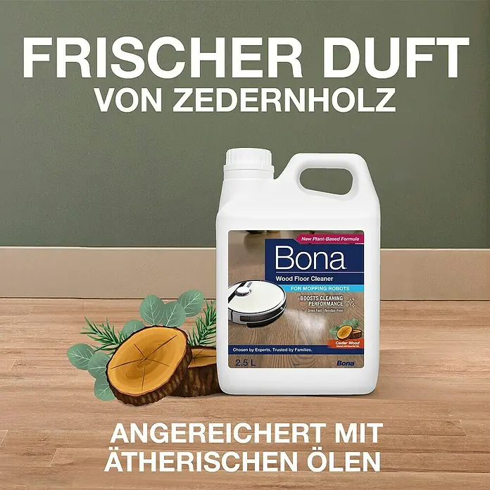 Bona Reinigungsmittel Holzbodenreiniger für Wischroboter - 2,5 l, Kanister - Eine Flasche Bona Holzbodenspezialreiniger für Wischroboter mit Zedernholzduft, ideal für streifenfreie Sauberkeit und Pflege.