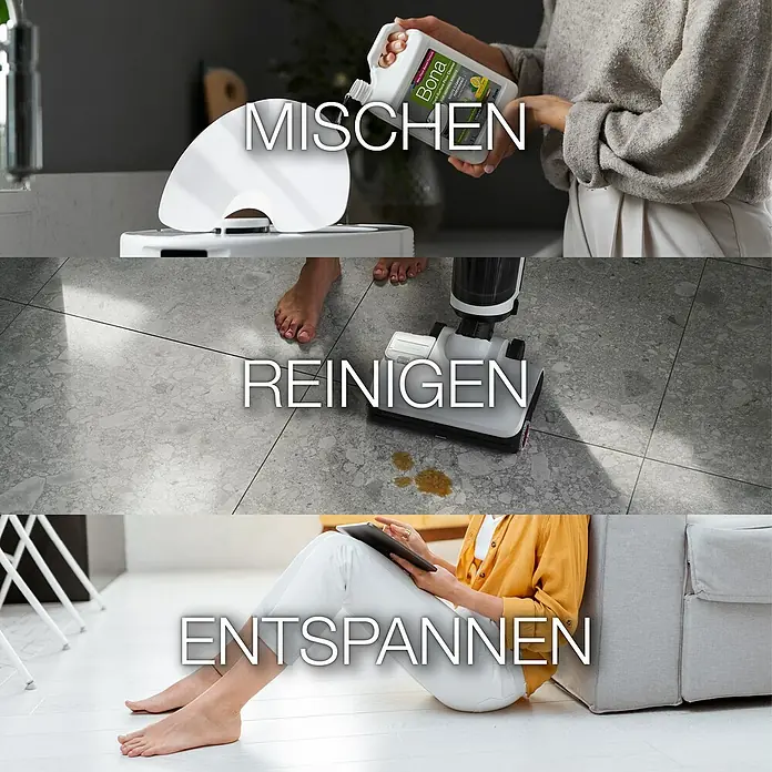 Bona Reinigungsmittel Hartbodenreiniger für Wischroboter - Zitronen&Minze-Duft, 1,1 l, Kanister - Das Bild zeigt die Verwendung des Bona Reinigers in drei Schritten: Mischen, Reinigen und Entspannen.
