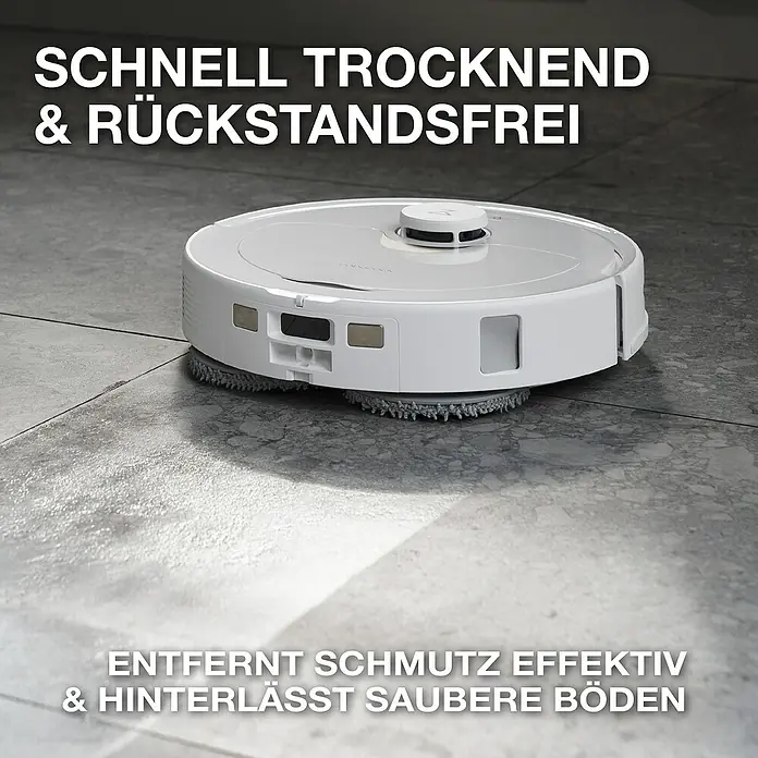 Bona Reinigungsmittel Hartbodenreiniger für Wischroboter - Zitronen&Minze-Duft, 2,5 l, Kanister - Bild eines Roborock Wischroboters auf einem grauen Boden, der Schmutz effektiv entfernt und saubere Böden hinterlässt. Schnell trocknend und rückstandsfrei.