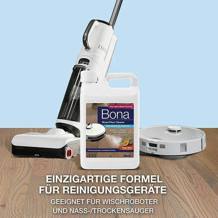 Bona Reinigungsmittel Holzbodenreiniger für Wischroboter - 1,1 l, Kanister - Bona Holzbodenseife für Reinigungsgeräte, geeignet für Wischroboter und Nass-/Trockensauger. Neue, pflanzliche Formel für optimale Reinigung.