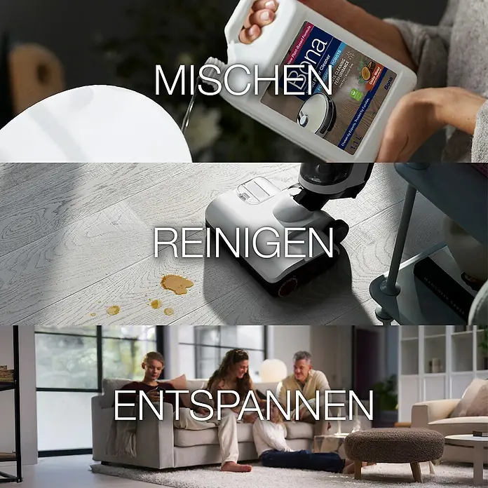 Bona Reinigungsmittel Holzbodenreiniger für Wischroboter - 1,1 l, Kanister - Das Bild zeigt eine Flasche Bona Reiniger, einen Saugwischer und eine Familie, die sich entspannt.