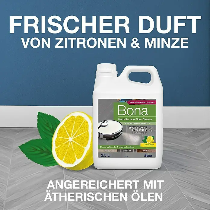 Bona Reinigungsmittel Hartbodenreiniger für Wischroboter - Zitronen&Minze-Duft, 2,5 l, Kanister - Produktbild von Bona Hartbodenreiniger für Wischroboter mit Zitronen- und Minzeduft, neue pflanzliche Formel für strahlende Sauberkeit.