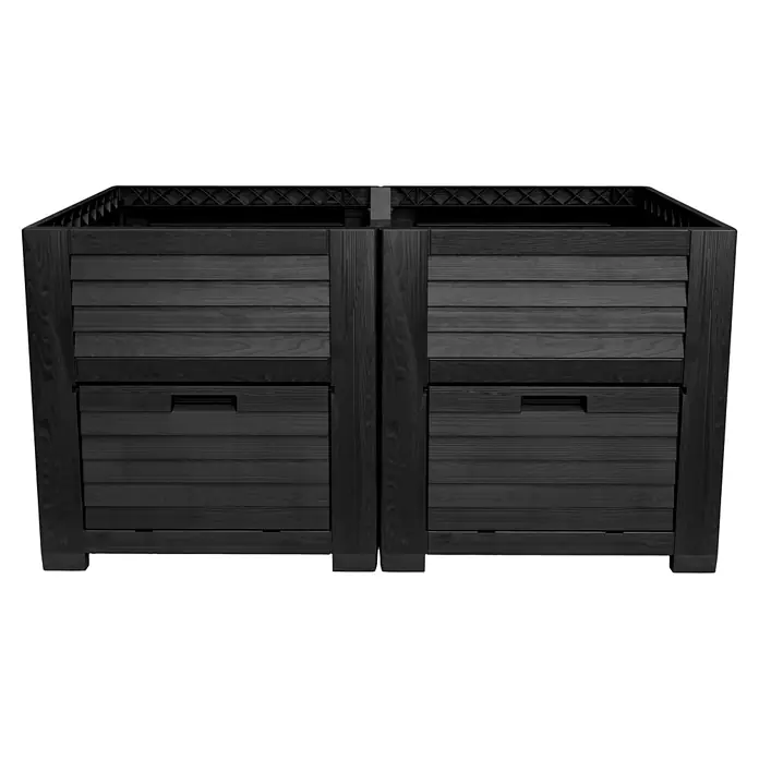 Hochbeet mit Staufläche - L x B x H: 150 x 76 x 78 cm, Kunststoff, Anthrazit - Zwei dunkle Holz-Mülltonnenboxen mit horizontalen Latten und Griffen für einfache Bedienung im Außenbereich.