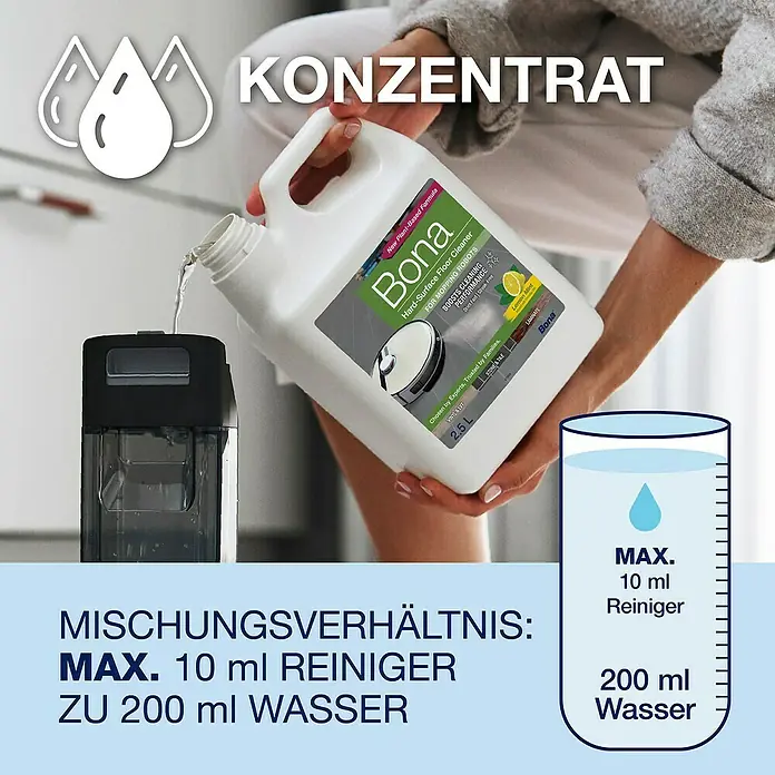 Bona Reinigungsmittel Hartbodenreiniger für Wischroboter - Zitronen&Minze-Duft, 2,5 l, Kanister - Bild einer Bona Hartbodenreiniger Flasche und einer Illustration, die das Mischverhältnis von Reiniger und Wasser zeigt.