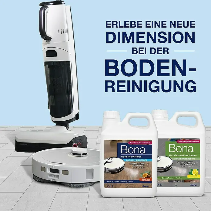 Bona Reinigungsmittel Hartbodenreiniger für Wischroboter - Zitronen&Minze-Duft, 2,5 l, Kanister - Produktansicht mit Bona Bodenreinigern für Wischroboter und einem kabellosen Staubsauger für eine neue Dimension der Bodenreinigung.