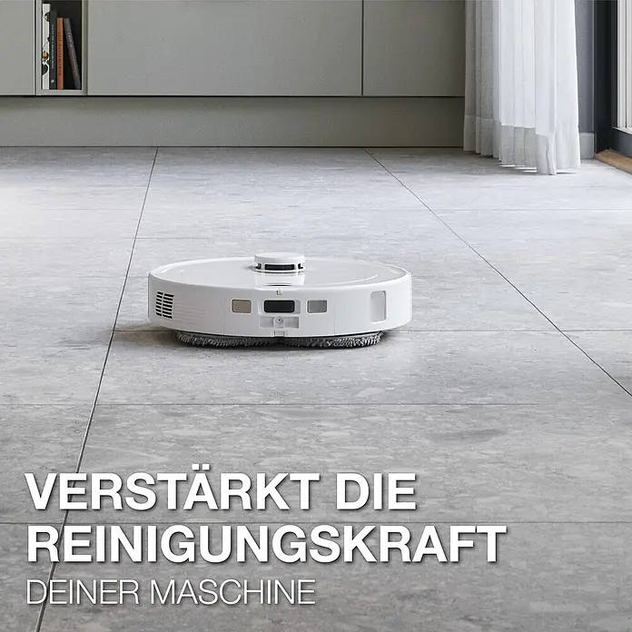 Bona Reinigungsmittel Hartbodenreiniger für Wischroboter - Zitronen&Minze-Duft, 2,5 l, Kanister - Ein weißer Saugroboter auf Fliesenboden, der die Reinigungskraft Ihrer Maschine verstärkt.