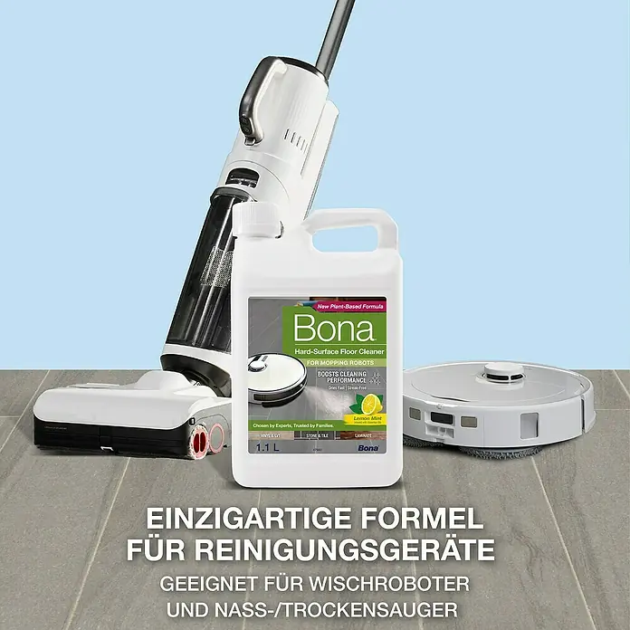 Bona Reinigungsmittel Hartbodenreiniger für Wischroboter - Zitronen&Minze-Duft, 1,1 l, Kanister - Bona Hartbodenreiniger für Wischroboter mit neuer, pflanzlicher Formel für eine optimale Reinigungsleistung.