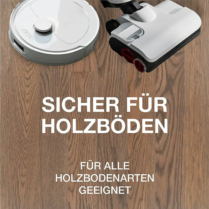 Bona Reinigungsmittel Holzbodenreiniger für Wischroboter - 2,5 l, Kanister - Bild eines Staubsaugers und eines Saugroboters auf Holzboden, mit dem Text "Sicher für Holzböden. Für alle Holzbodenarten geeignet".