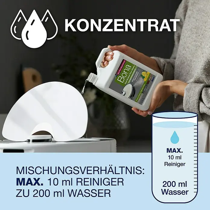 Bona Reinigungsmittel Hartbodenreiniger für Wischroboter - Zitronen&Minze-Duft, 1,1 l, Kanister - Bild einer Flasche Bona Hartbodenreiniger Konzentrat, bereit zur Verwendung mit einem Wischroboter.