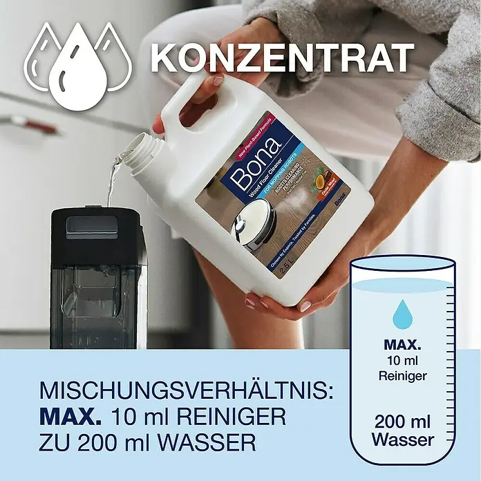 Bona Reinigungsmittel Holzbodenreiniger für Wischroboter - 2,5 l, Kanister - Abbildung des Bona Wood Floor Cleaner Konzentrats für Wischroboter, mit Dosieranleitung für optimale Reinigung.