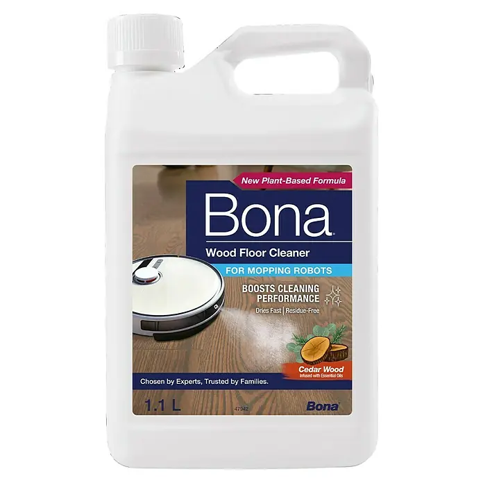 Bona Reinigungsmittel Holzbodenreiniger für Wischroboter - 1,1 l, Kanister - Eine 1,1-Liter-Flasche Bona Holzfußbodenreiniger für Wischroboter mit Zedernholzduft, angereichert mit ätherischen Ölen.