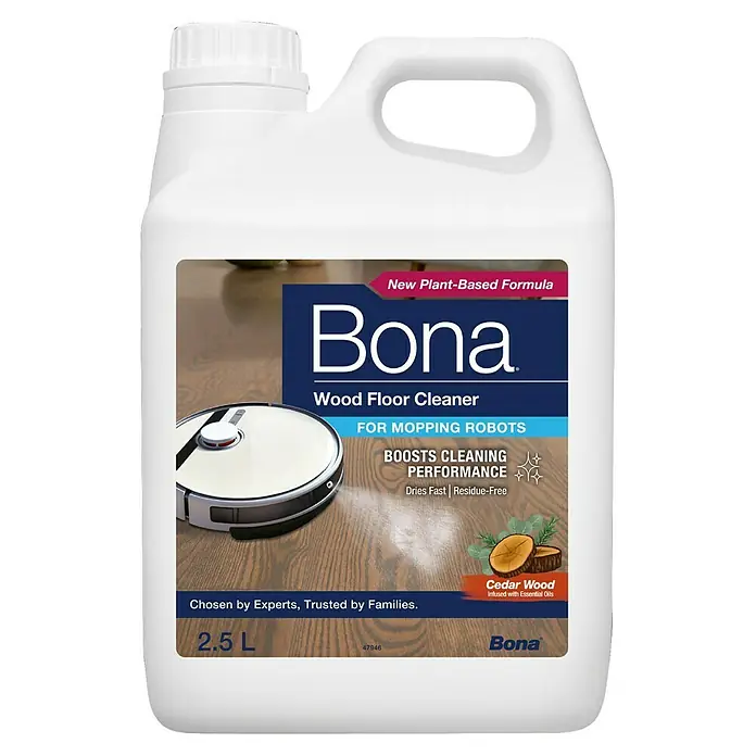 Bona Reinigungsmittel Holzbodenreiniger für Wischroboter - 2,5 l, Kanister - Abgebildet ist eine 2,5L Flasche Bona Holzbodem-Reiniger für Wischroboter mit Zedernholzduft, eine neue pflanzliche Formel für optimale Reinigungsleistung.
